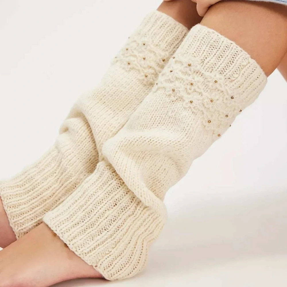 Free People‎ French Knot Cream Crochet Legwarmers Beaded One Size NWT